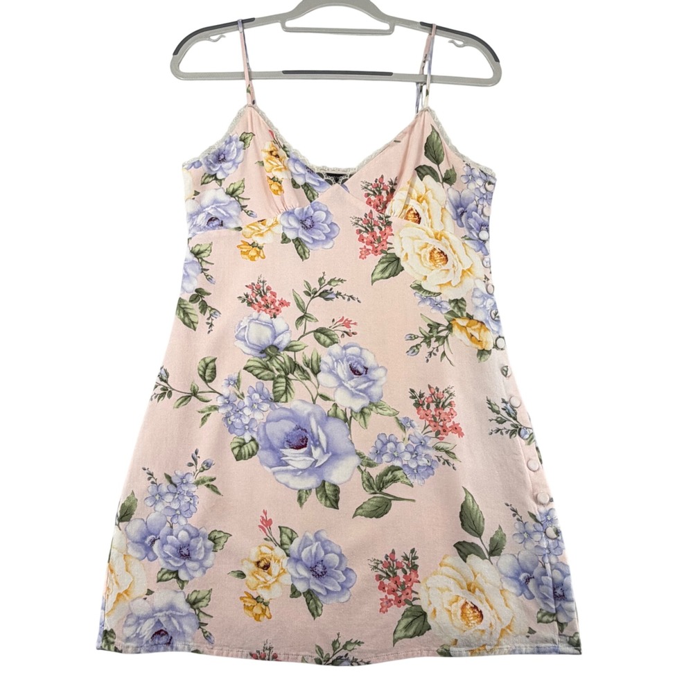 Forever 21 Floral Mini Dress Womens Medium Pink Rose Lace Trim Slip Dress Y2K